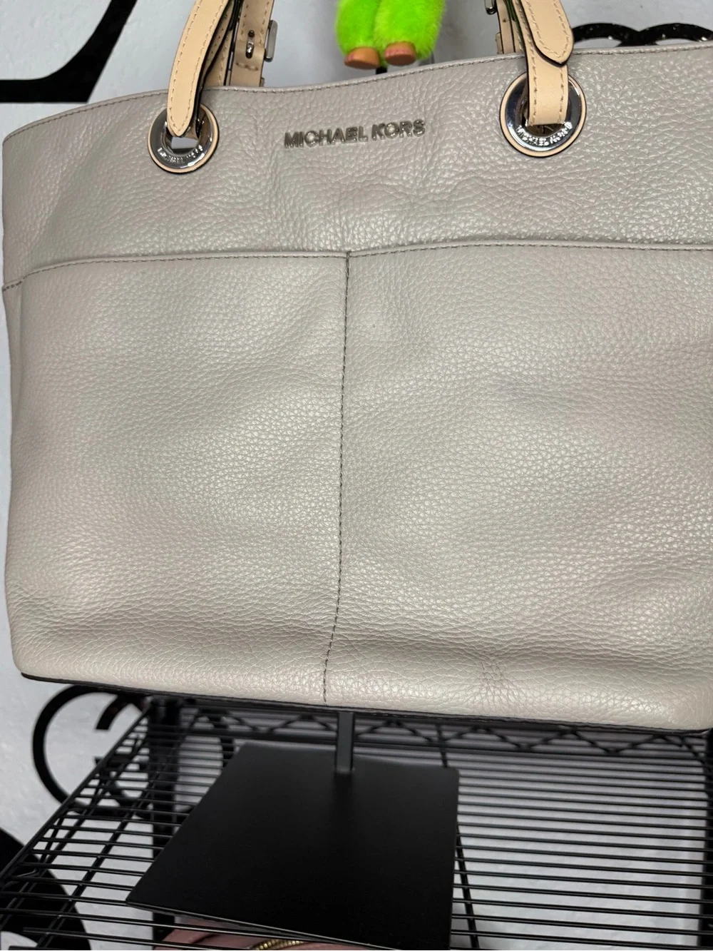 Michael Kors Pebbled Leather Tote Bag in Light Gray with Beige Handles
